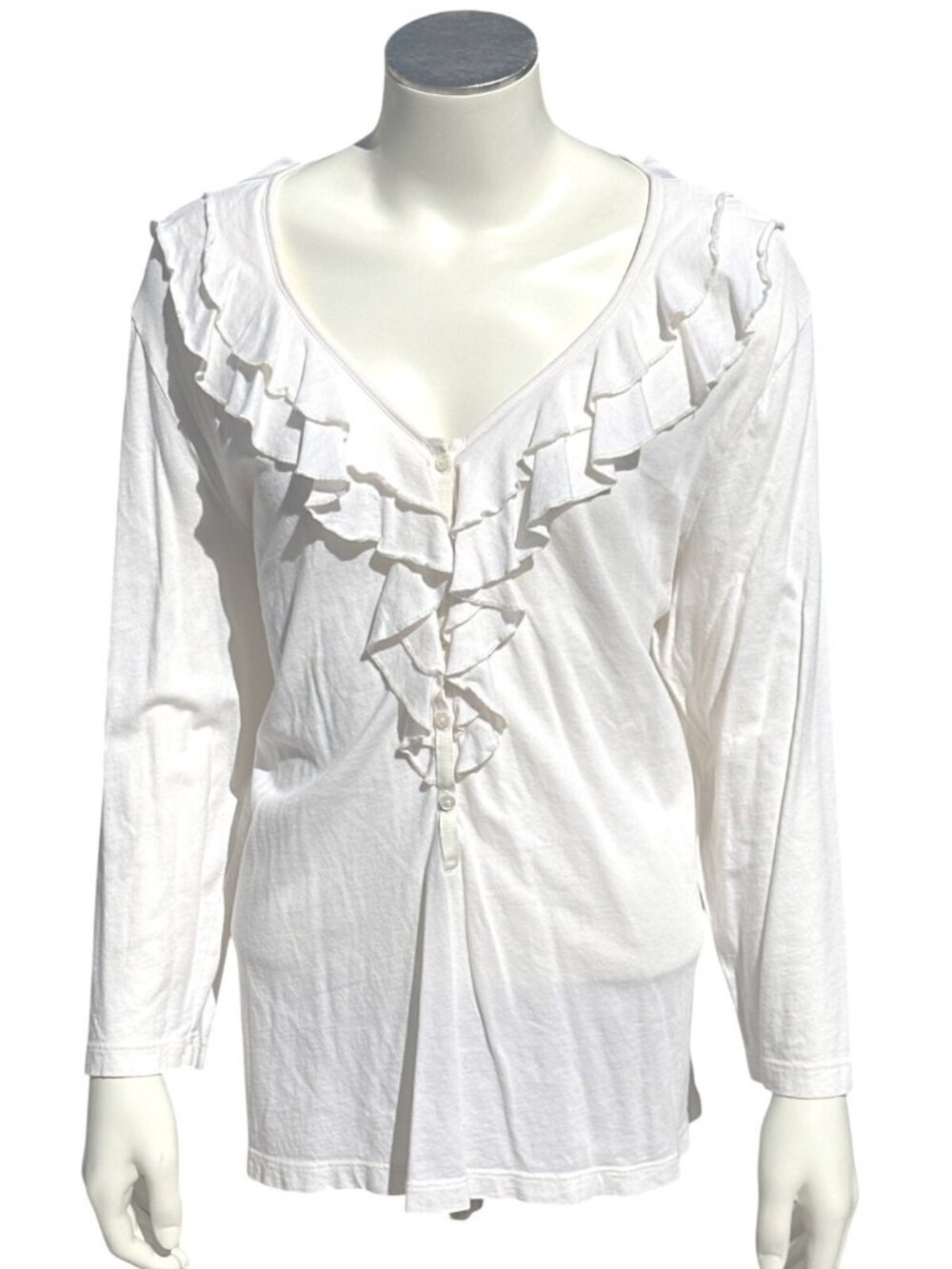 Chicos Size 3 Long Sleeve Ruffled Henley Beige Blouse Lightweight Comfort Chic